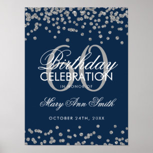 Silver 60th Birthday Glitter Confetti Navy Blue Poster