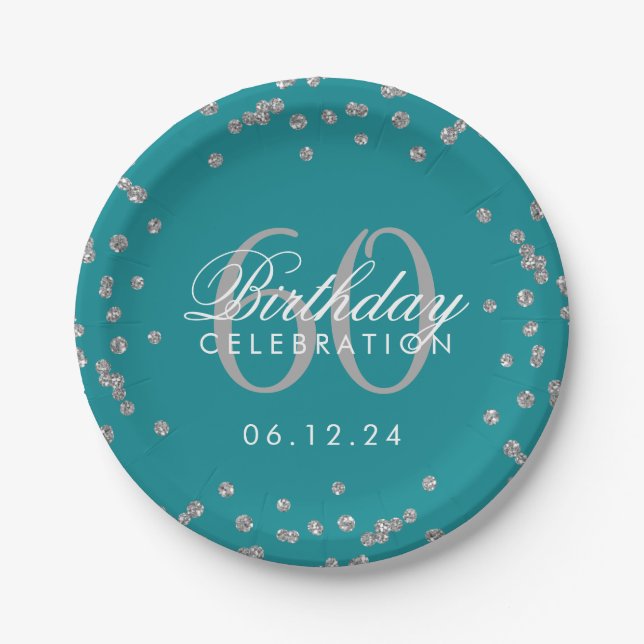 Silver 60th Birthday Glitter Confetti Teal Paper Plate (Front)