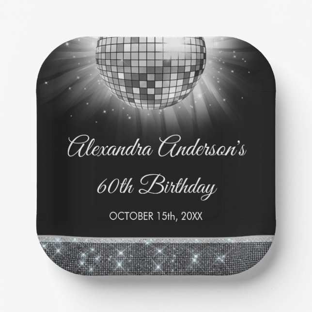 Silver 60th Birthday Party 70's Disco Ball Paper Plate (Front)