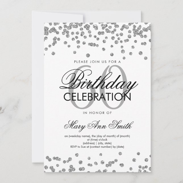 Silver 60th Birthday Party Glitter Confetti Invitation (Front)