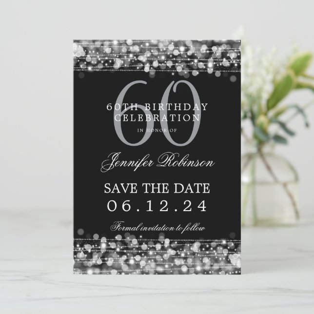 Silver 60th Birthday Save the Date w/ Details Invitation (Standing Front)