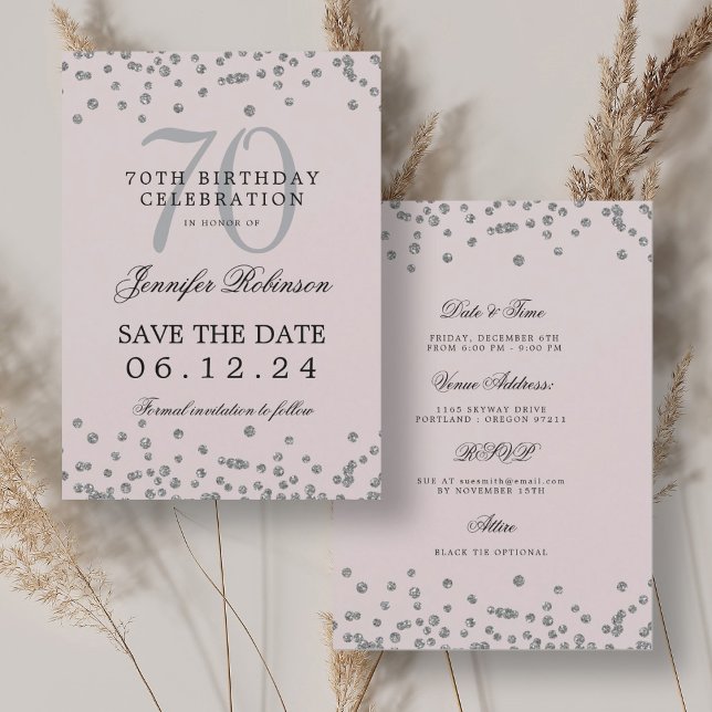 Silver 70 Birthday Save Date Details Blush Pink Invitation (Silver 70 Birthday Save Date Details Blush Pink Invitation)