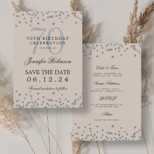Silver 70 Birthday Save the Date Details Champagne Invitation