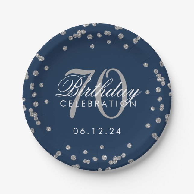 Silver 70th Birthday Glitter Confetti Navy Blue Paper Plate (Front)