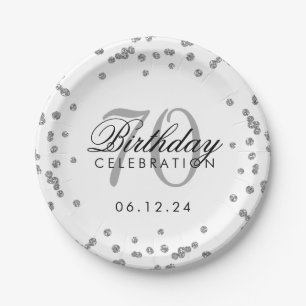 Silver 70th Birthday Glitter Confetti White Paper Plate