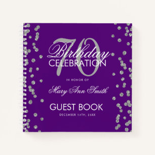 Silver 70th Birthday Guestbook Confetti Purple Notebook