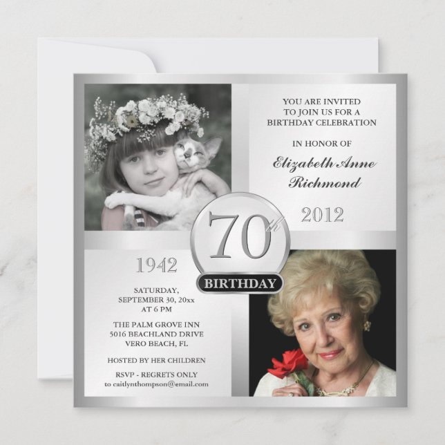 Silver 70th Birthday Invitations Then & Now Photos (Front)