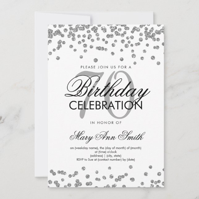 Silver 70th Birthday Party Glitter Confetti Invitation (Front)
