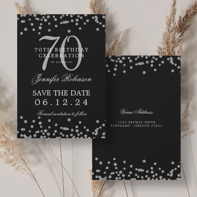 Silver 70th Birthday Save Date Confetti Black  Invitation (Silver 70th Birthday Save Date Confetti Black Invitation)