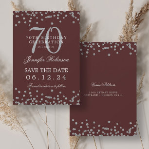Silver 70th Birthday Save Date Confetti Burgundy Invitation