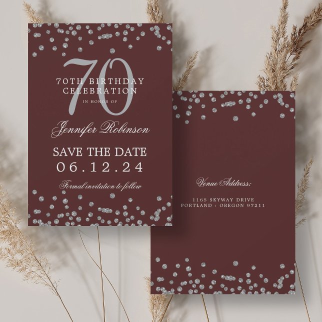 Silver 70th Birthday Save Date Confetti Burgundy  Invitation (Silver 70th Birthday Save Date Confetti Burgundy Invitation)