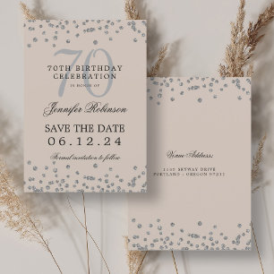 Silver 70th Birthday Save Date Confetti Champagne  Invitation