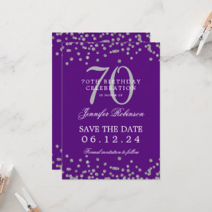 Silver 70th Birthday Save Date Confetti Purple  Invitation