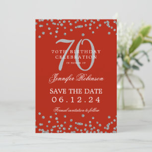 Silver 70th Birthday Save Date Confetti Red  Invitation