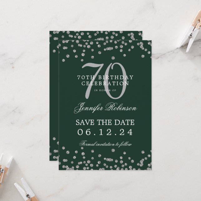 Silver 70th Birthday Save Date Details Green  Invitation (Front/Back In Situ)