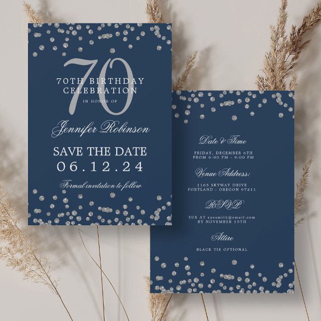 Silver 70th Birthday Save Date Details Navy  Invitation (Silver 70th Birthday Save Date Details Navy Invitation)
