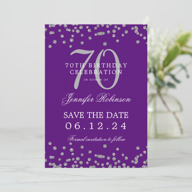 Silver 70th Birthday Save Date Details Purple  Invitation (Standing Front)