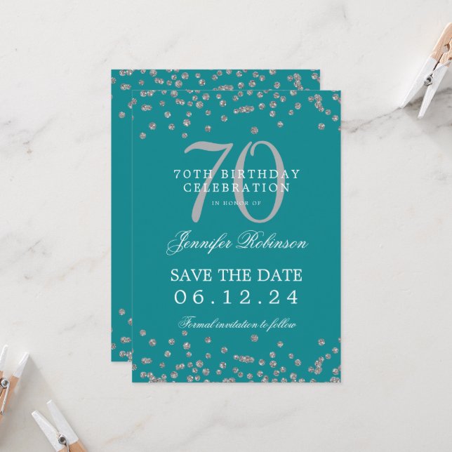 Silver 70th Birthday Save Date Details Teal  Invitation (Front/Back In Situ)