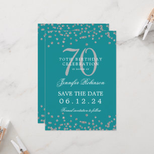 Silver 70th Birthday Save Date Details Teal Invitation
