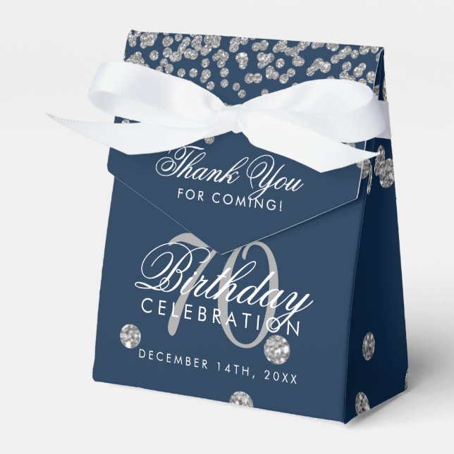 Silver 70th Birthday Thank You Confetti Navy Blue Favour Box (Front Side)