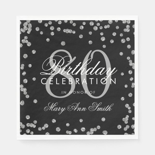 Silver 80th Birthday Glitter Confetti Black Napkin (Front)