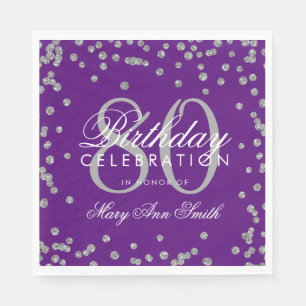 Silver 80th Birthday Glitter Confetti Purple Napkin