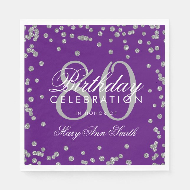 Silver 80th Birthday Glitter Confetti Purple Napkin (Front)