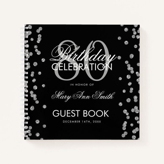 Silver 80th Birthday Guestbook Confetti Black Notebook (Front)
