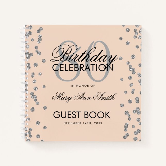 Silver 80th Birthday Guestbook Confetti Blush Pink Notebook (Front)