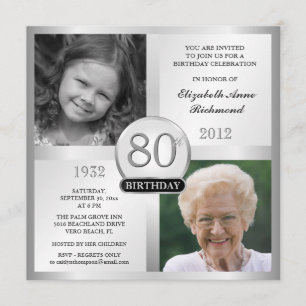 Silver 80th Birthday Invitations Then & Now Photos