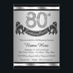 Silver 80th Birthday Party Invitation<br><div class="desc">Silver 80th birthday party invitation with diamond numbers and happy birthday banner on a silver and black background. This beautiful silver 80th birthday party invitation is easily customised for your event. You can change the background colour. This striking design works well for a man or woman. This is a printed...</div>