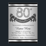Silver 80th Birthday Party Invitation<br><div class="desc">Silver 80th birthday party invitation with diamond numbers and happy birthday banner on a silver and black background. This beautiful silver 80th birthday party invitation is easily customised for your event. You can change the background colour. This striking design works well for a man or woman. This is a printed...</div>