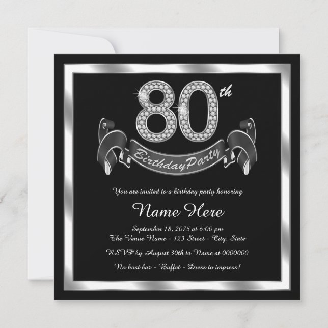 Silver 80th Birthday Party Invitation (Front)