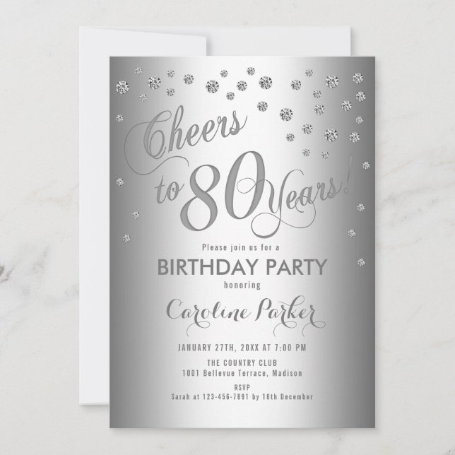 Silver 80th Birthday Party Invitation (Front)