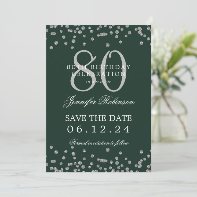 Silver 80th Birthday Party Save Date Details Green Invitation (Standing Front)