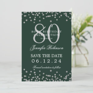 Silver 80th Birthday Party Save Date Details Green Invitation