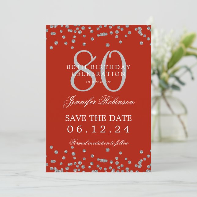 Silver 80th Birthday Party Save Date Details Red  Invitation (Standing Front)