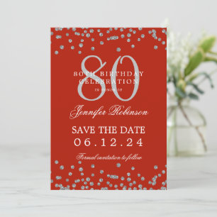 Silver 80th Birthday Party Save Date Details Red  Invitation