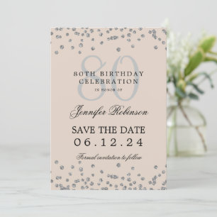 Silver 80th Birthday Save Date Details Beige  Invitation