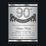 Silver 90th Birthday Party Invitation<br><div class="desc">Silver 90th birthday party invitation with diamond numbers and happy birthday banner on a silver and black background. This beautiful silver 90th birthday party invitation is easily customised for your event. You can change the background colour. This striking design works well for a man or woman. This is a printed...</div>
