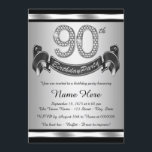 Silver 90th Birthday Party Invitation<br><div class="desc">Silver 90th birthday party invitation with diamond numbers and happy birthday banner on a silver and black background. This beautiful silver 90th birthday party invitation is easily customised for your event. You can change the background colour. This striking design works well for a man or woman. This is a printed...</div>
