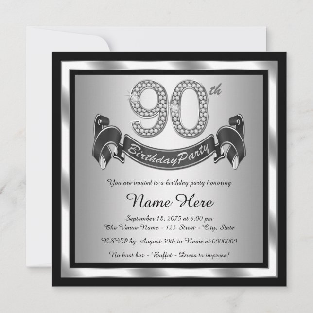 Silver 90th Birthday Party Invitation (Front)
