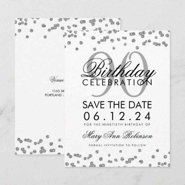 Silver 90th Birthday Save Date Confetti Invitation (Front/Back)