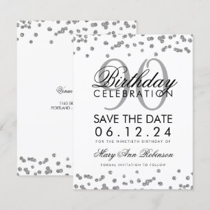 Silver 90th Birthday Save Date Confetti Invitation