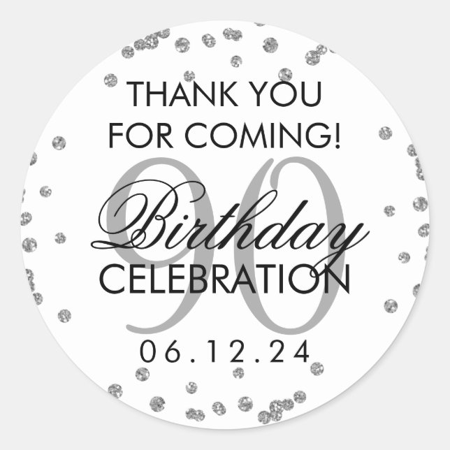 Silver 90th Birthday Thank You Glitter Classic Round Sticker (Front)