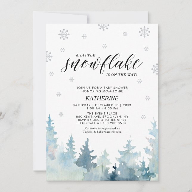 Silver A Little Snowflake Winter Trees Baby Shower Invitation (Front)