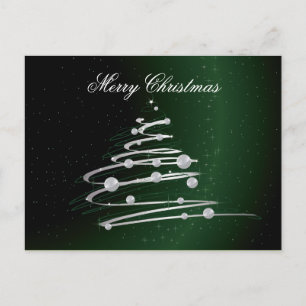 Silver Abstract Christmas Tree On Green. Holiday Postcard