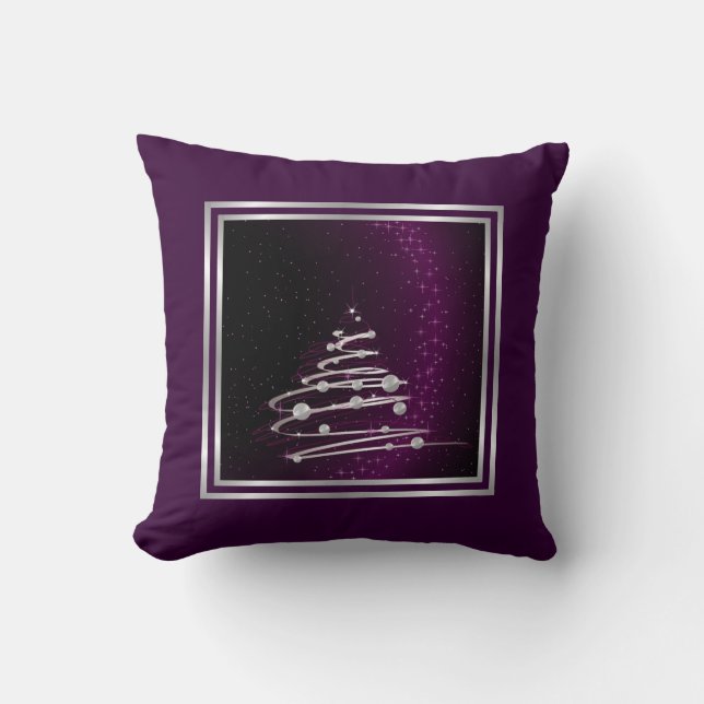 Silver Abstract Christmas Tree On Purple Cushion (Front)