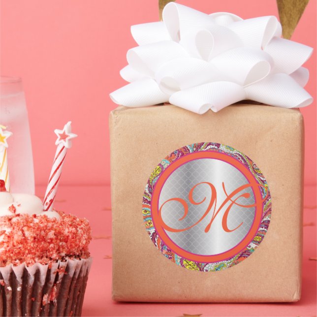 Silver Accents Peacock Paisley Tangerine Fuchsia Classic Round Sticker (Party)