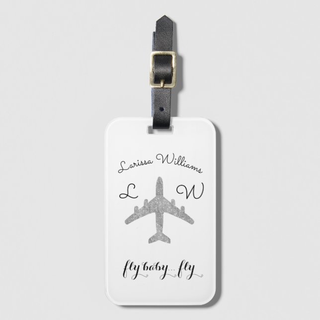 silver aeroplane with name & initials, travel luggage tag (Front Vertical)